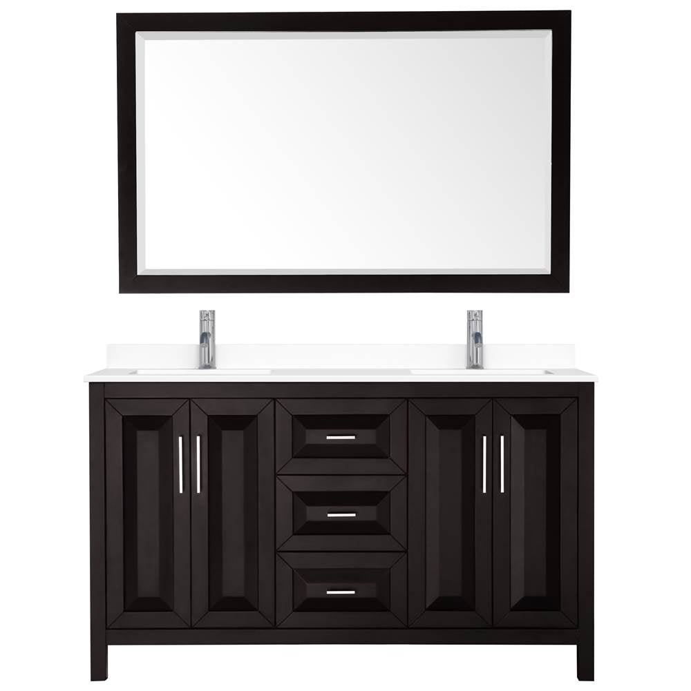 Daria 60 Inch Double Bathroom Vanity in Dark Espresso, White Cultured Marble Countertop, Undermount Square Sinks, 58 Inch Mirror