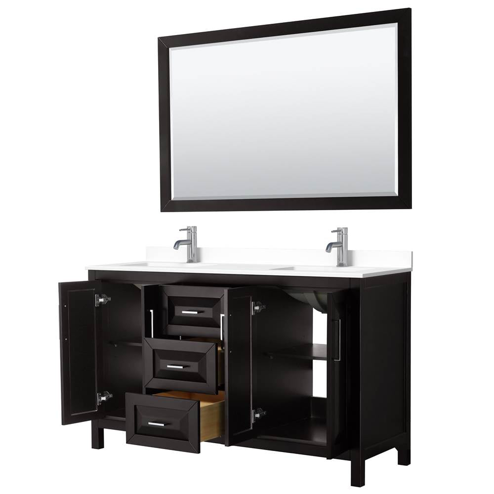 Daria 60 Inch Double Bathroom Vanity in Dark Espresso, White Cultured Marble Countertop, Undermount Square Sinks, 58 Inch Mirror