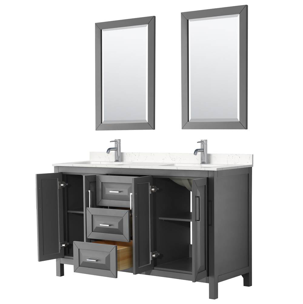 Daria 60 Inch Double Bathroom Vanity in Dark Gray, Carrara Cultured Marble Countertop, Undermount Square Sinks, 24 Inch Mirrors