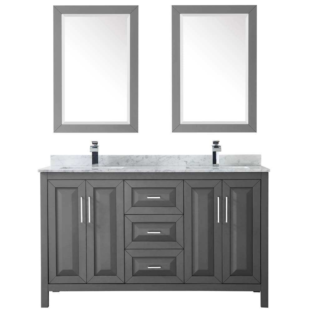 Daria 60 Inch Double Bathroom Vanity in Dark Blue, White Carrara Marble Countertop, Undermount Square Sinks, 24 Inch Mirrors