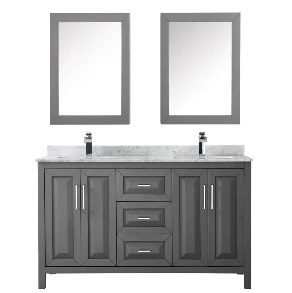 Daria 60 Inch Double Bathroom Vanity in Dark Blue, White Carrara Marble Countertop, Undermount Square Sinks, Medicine Cabinets