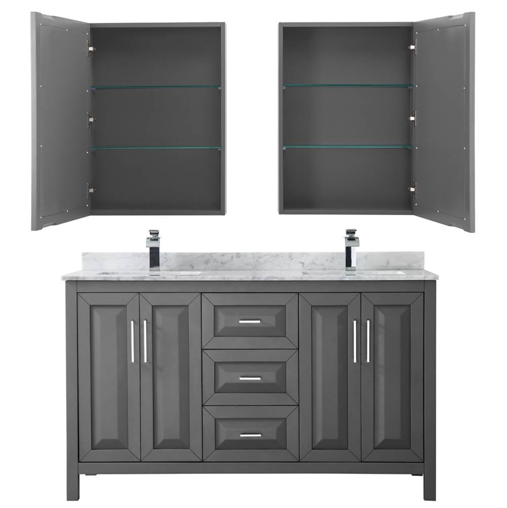 Daria 60 Inch Double Bathroom Vanity in Dark Blue, White Carrara Marble Countertop, Undermount Square Sinks, Medicine Cabinets