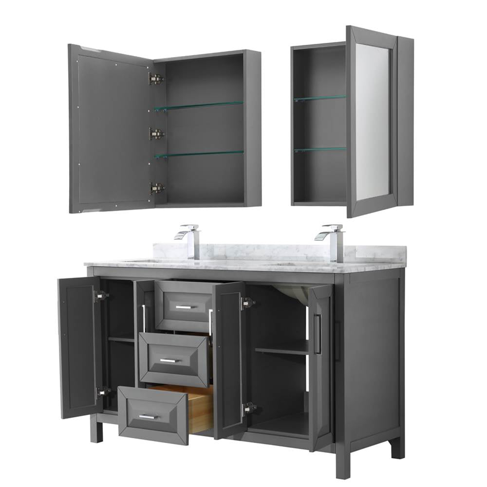 Daria 60 Inch Double Bathroom Vanity in Dark Blue, White Carrara Marble Countertop, Undermount Square Sinks, Medicine Cabinets