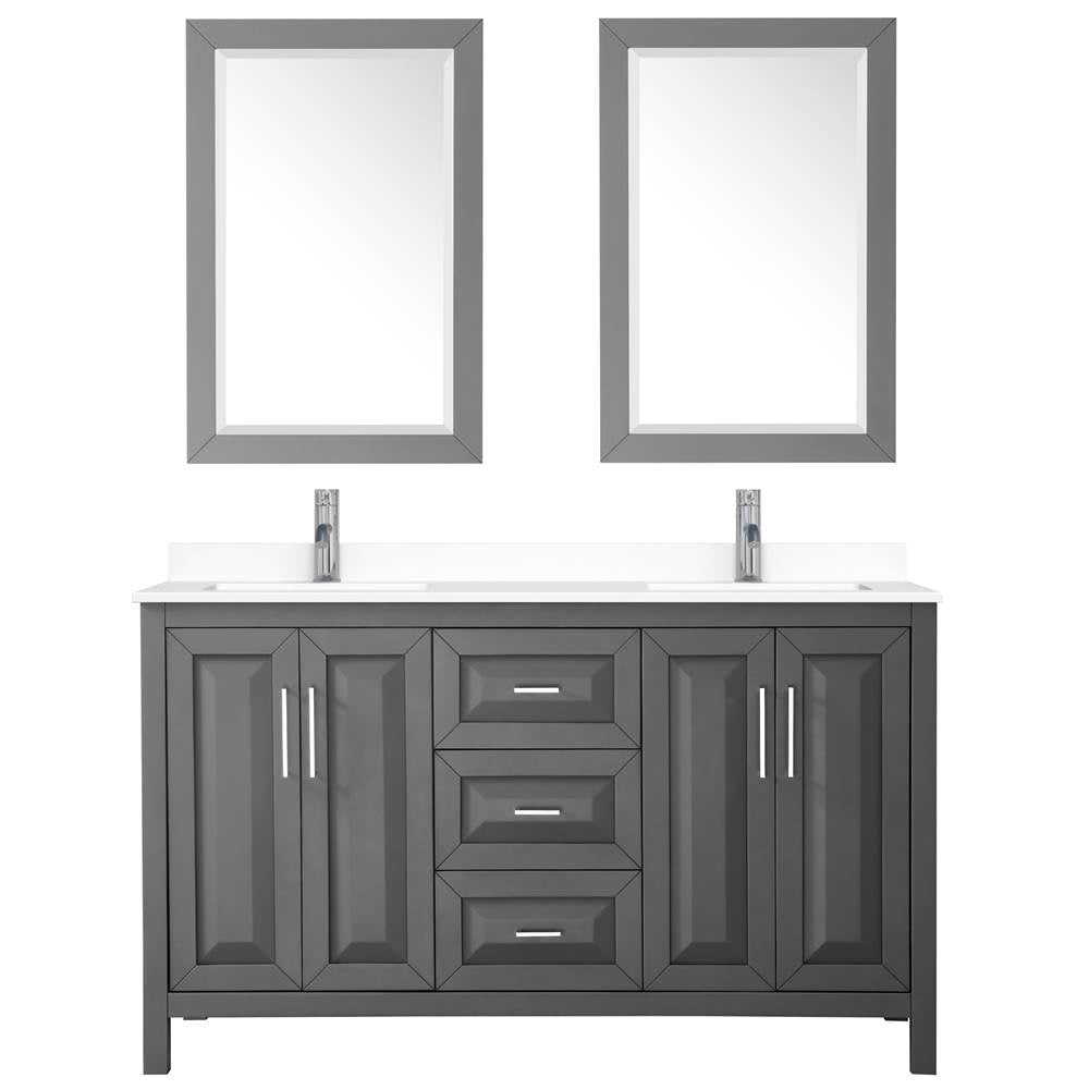 Daria 60 Inch Double Bathroom Vanity in Dark Gray, White Cultured Marble Countertop, Undermount Square Sinks, 24 Inch Mirrors