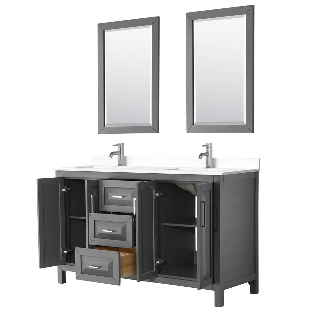 Daria 60 Inch Double Bathroom Vanity in Dark Gray, White Cultured Marble Countertop, Undermount Square Sinks, 24 Inch Mirrors