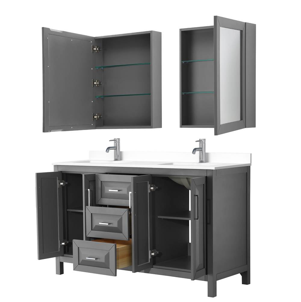 Daria 60 Inch Double Bathroom Vanity in Dark Gray, White Cultured Marble Countertop, Undermount Square Sinks, Medicine Cabinets