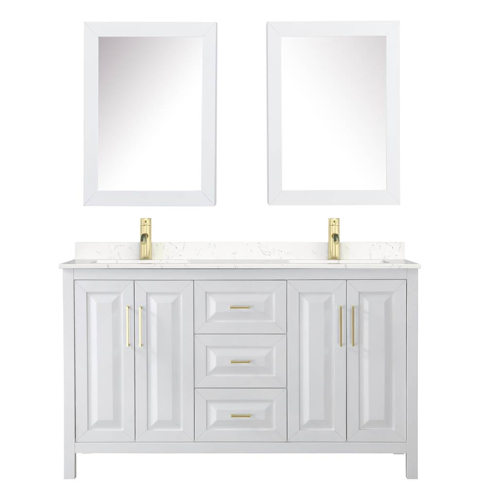 Daria 60 Inch Double Bathroom Vanity in White, Carrara Cultured Marble Countertop, Undermount Square Sinks, Medicine Cabinets, Brushed Gold Trim