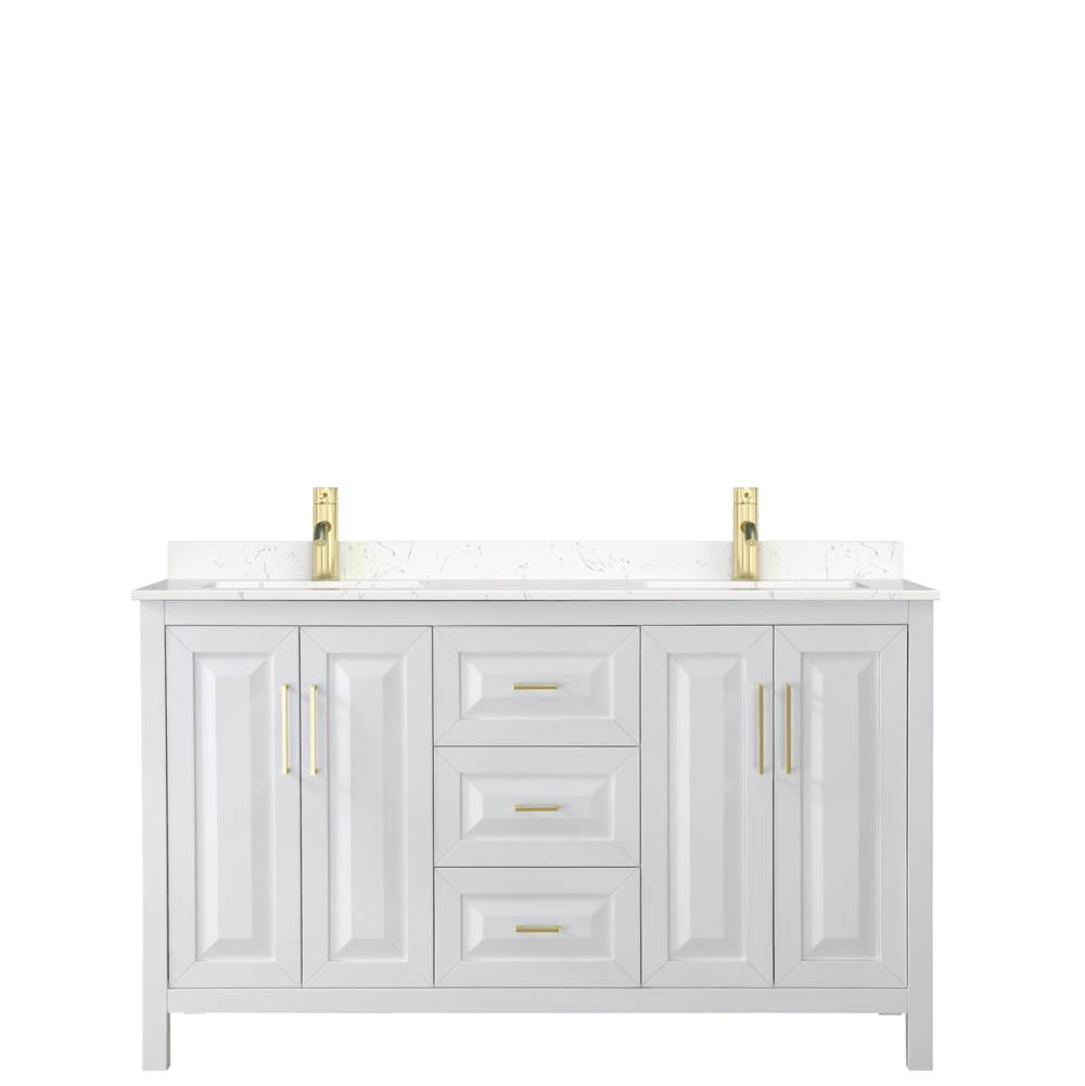 Daria 60 Inch Double Bathroom Vanity in White, Carrara Cultured Marble Countertop, Undermount Square Sinks, Brushed Gold Trim