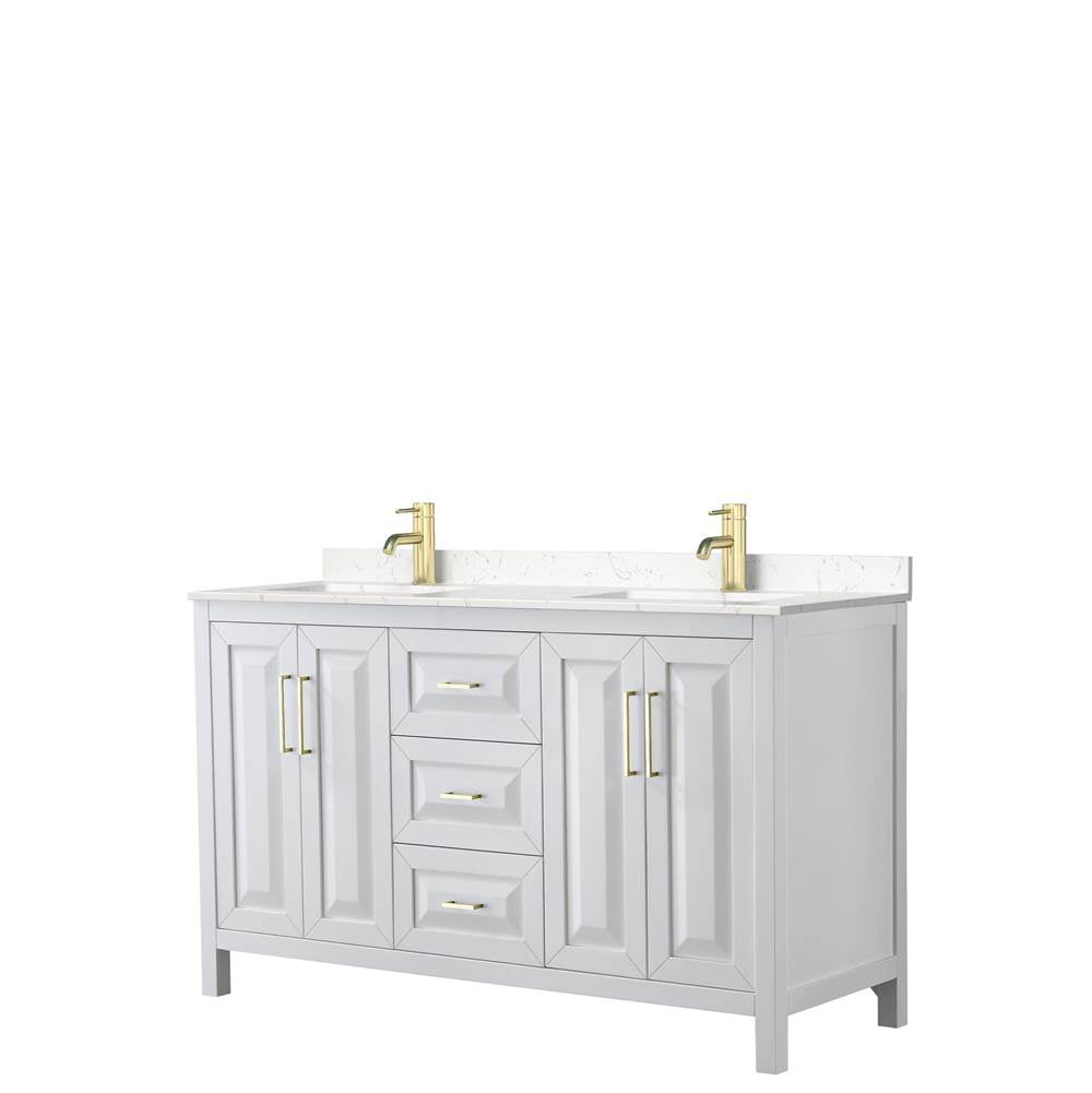 Wyndham Collection - Daria 60 Inch Double Bathroom Vanity in White, Carrara Cultured Marble Countertop, Undermount Square Sinks, Brushed Gold Trim