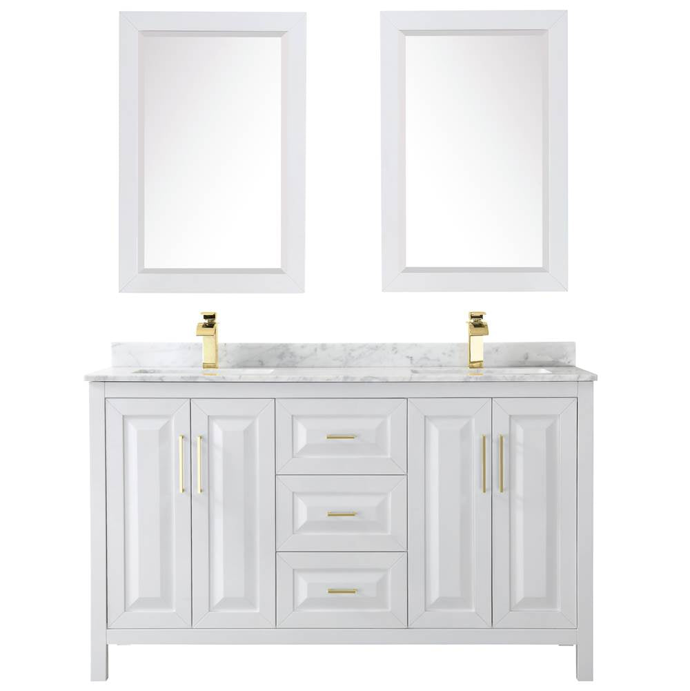 Daria 60 Inch Double Bathroom Vanity in White, White Carrara Marble Countertop, Undermount Square Sinks, 24 Inch Mirrors, Brushed Gold Trim