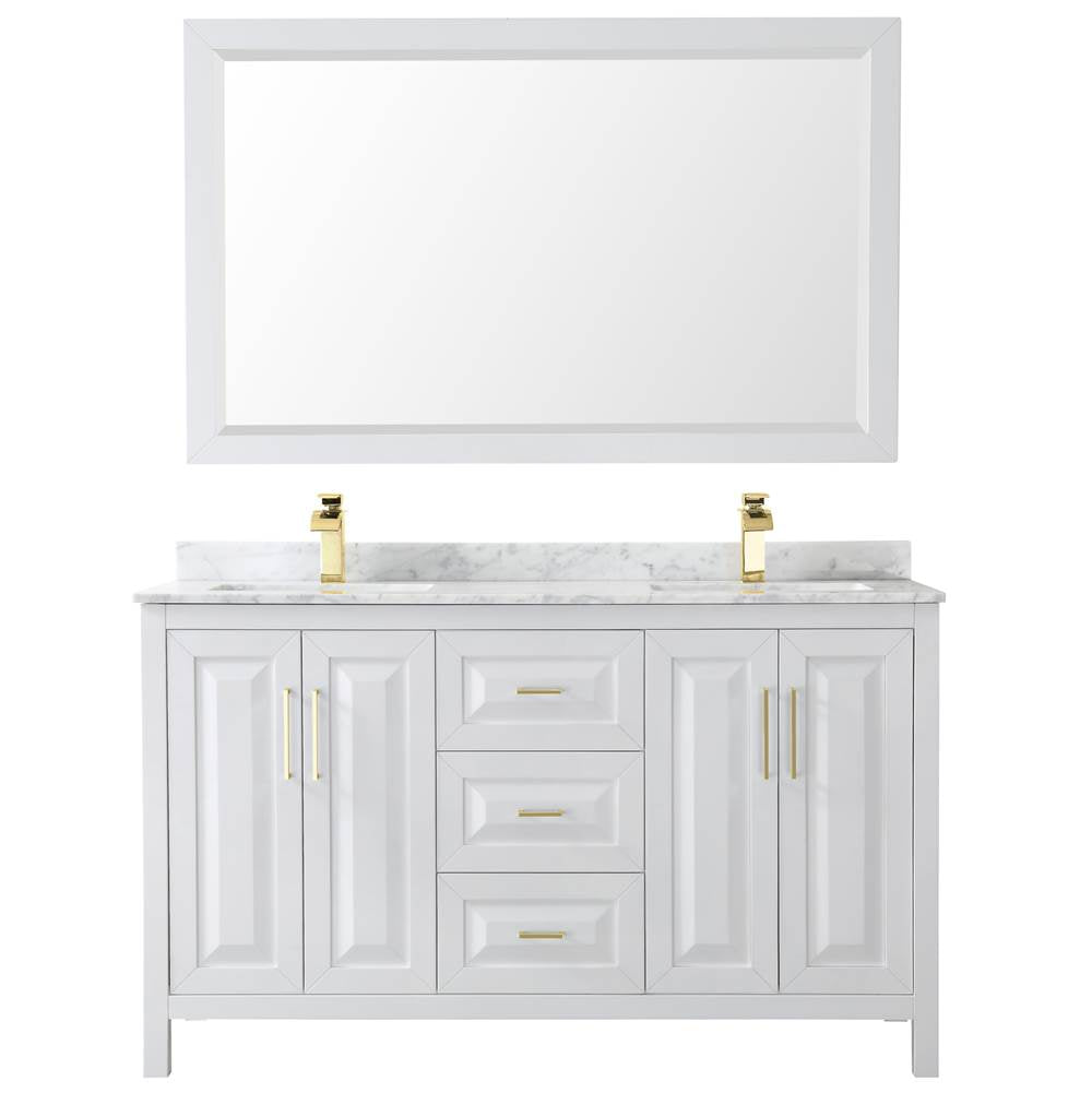 Daria 60 Inch Double Bathroom Vanity in White, White Carrara Marble Countertop, Undermount Square Sinks, 58 Inch Mirror, Brushed Gold Trim