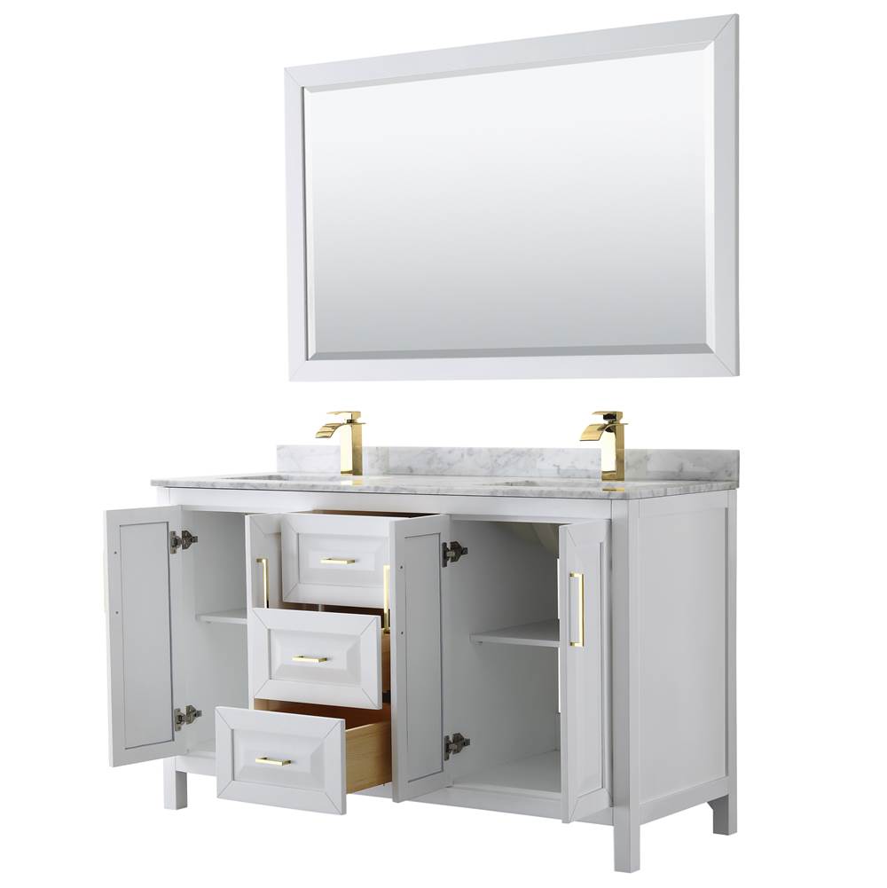 Daria 60 Inch Double Bathroom Vanity in White, White Carrara Marble Countertop, Undermount Square Sinks, 58 Inch Mirror, Brushed Gold Trim