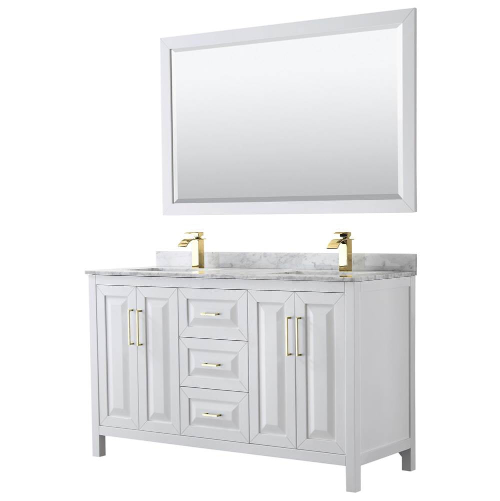 Wyndham Collection - Daria 60 Inch Double Bathroom Vanity in White, White Carrara Marble Countertop, Undermount Square Sinks, 58 Inch Mirror, Brushed Gold Trim