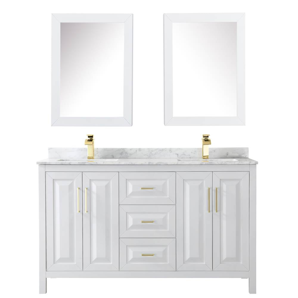 Daria 60 Inch Double Bathroom Vanity in White, White Carrara Marble Countertop, Undermount Square Sinks, Medicine Cabinets, Brushed Gold Trim