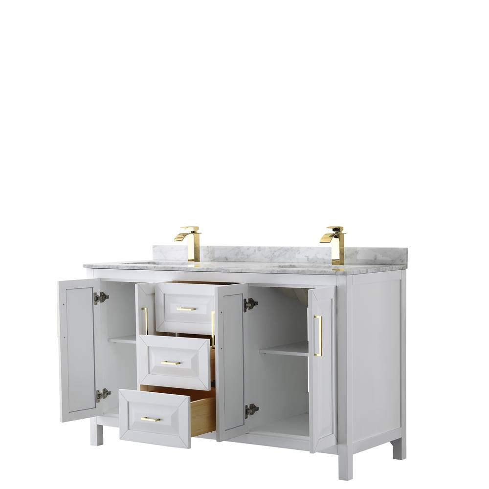 Daria 60 Inch Double Bathroom Vanity in White, White Carrara Marble Countertop, Undermount Square Sinks, Brushed Gold Trim