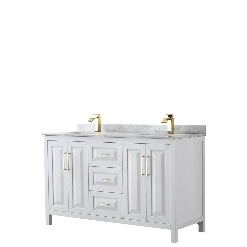 Wyndham Collection - Daria 60 Inch Double Bathroom Vanity in White, White Carrara Marble Countertop, Undermount Square Sinks, Brushed Gold Trim