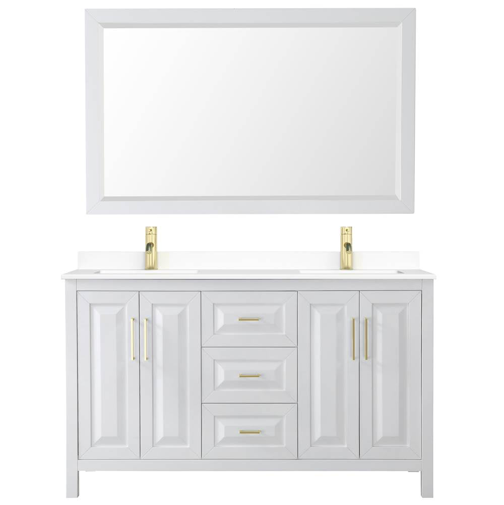 Daria 60 Inch Double Bathroom Vanity in White, White Cultured Marble Countertop, Undermount Square Sinks, 58 Inch Mirror, Brushed Gold Trim
