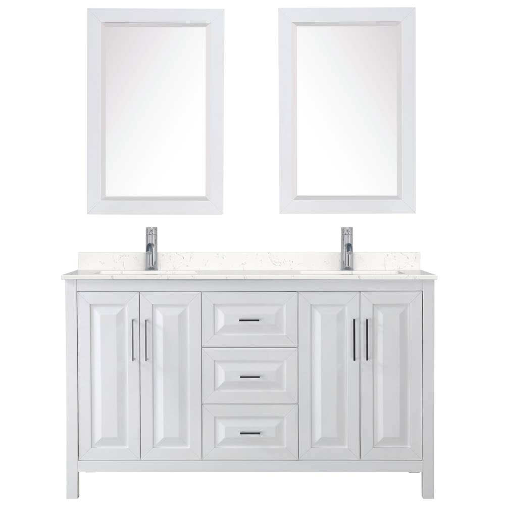 Daria 60 Inch Double Bathroom Vanity in White, Carrara Cultured Marble Countertop, Undermount Square Sinks, 24 Inch Mirrors