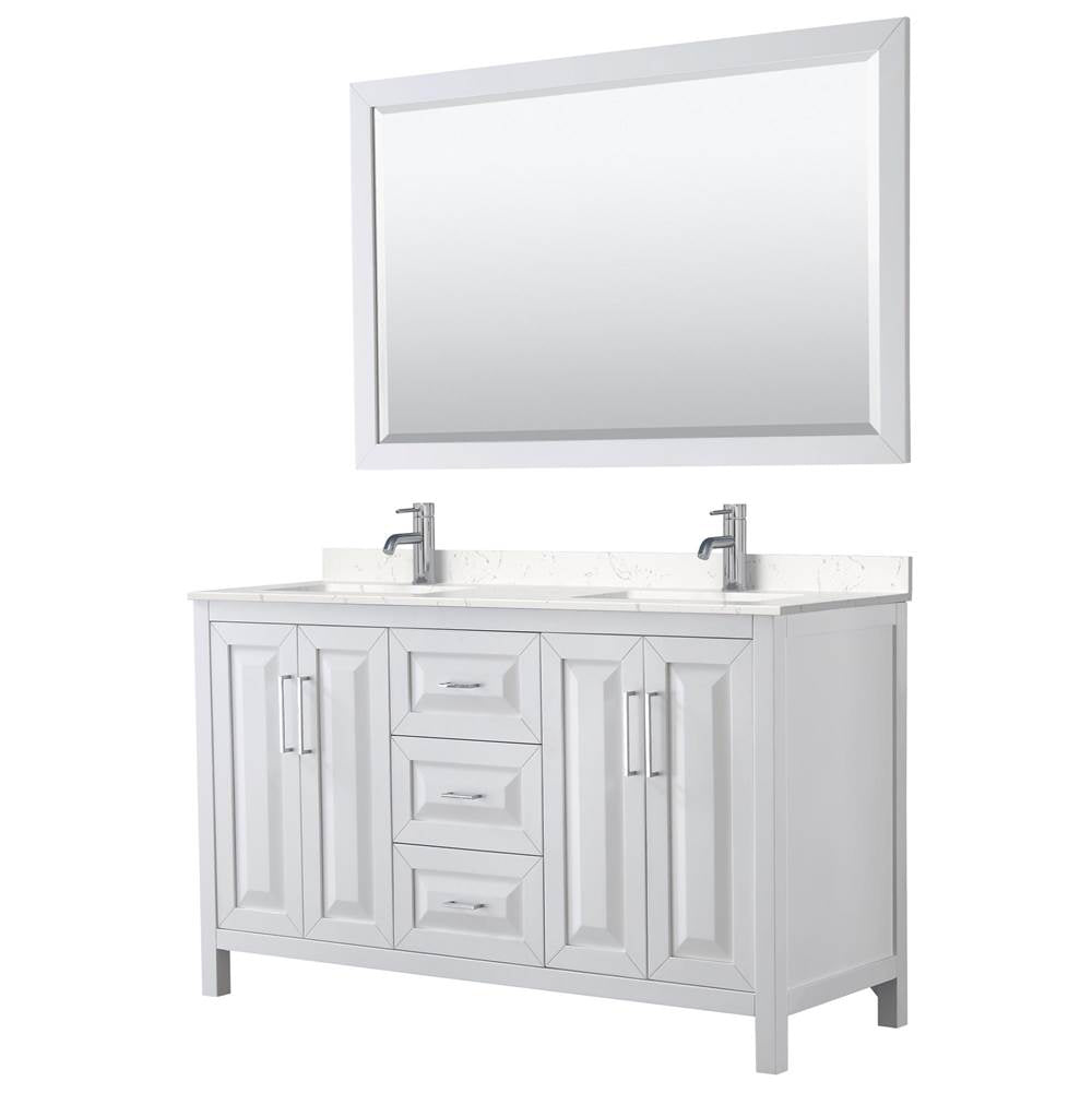 Wyndham Collection - Daria 60 Inch Double Bathroom Vanity in White, Carrara Cultured Marble Countertop, Undermount Square Sinks, 58 Inch Mirror