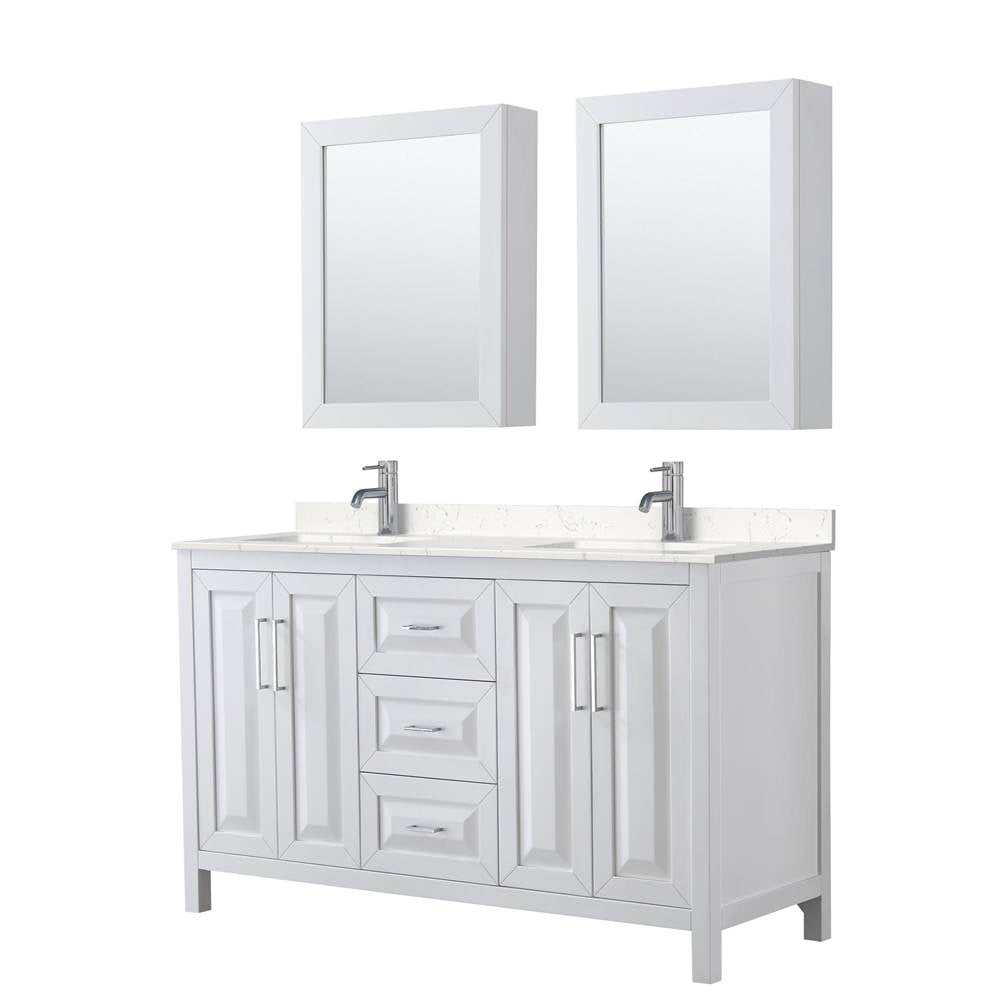 Wyndham Collection - Daria 60 Inch Double Bathroom Vanity in White, Carrara Cultured Marble Countertop, Undermount Square Sinks, Medicine Cabinets