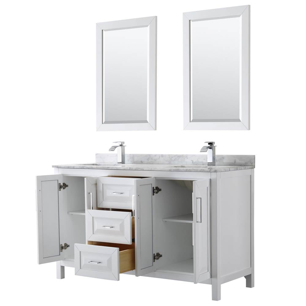Daria 60 Inch Double Bathroom Vanity in Dark Blue, White Carrara Marble Countertop, Undermount Square Sinks, 24 Inch Mirrors