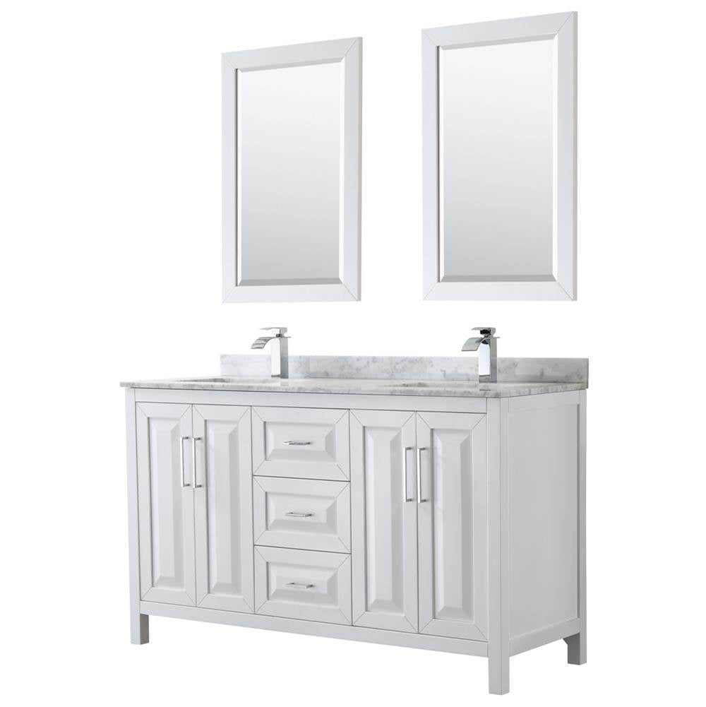 Wyndham Collection - Daria 60 Inch Double Bathroom Vanity in White, White Carrara Marble Countertop, Undermount Square Sinks, and 24 Inch Mirrors - White