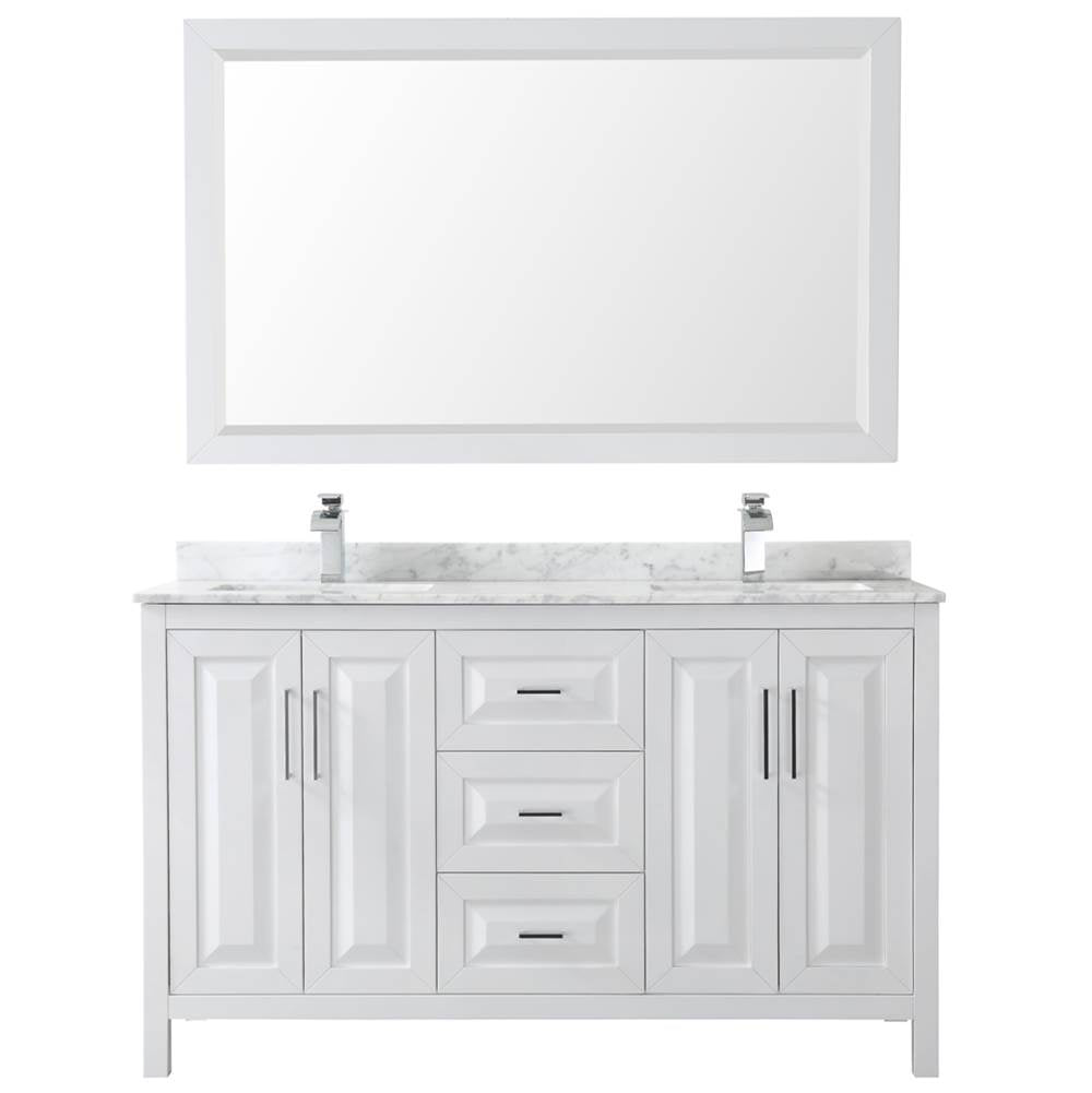 Daria 60 Inch Double Bathroom Vanity in Dark Blue, White Carrara Marble Countertop, Undermount Square Sinks, 58 Inch Mirror