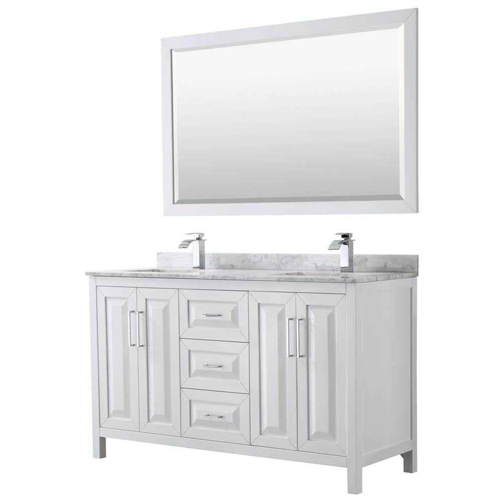 Wyndham Collection - Daria 60 Inch Double Bathroom Vanity in White, White Carrara Marble Countertop, Undermount Square Sinks, and 58 Inch Mirror - White