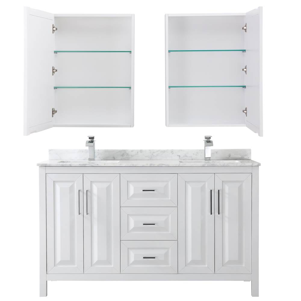 Daria 60 Inch Double Bathroom Vanity in Dark Blue, White Carrara Marble Countertop, Undermount Square Sinks, Medicine Cabinets