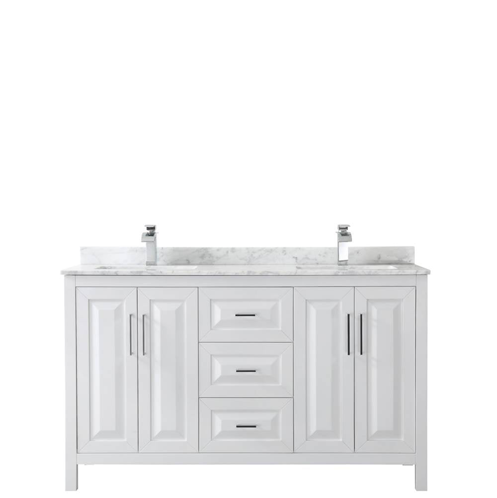 Daria 60 Inch Double Bathroom Vanity in Dark Blue, White Carrara Marble Countertop, Undermount Square Sinks, No Mirror