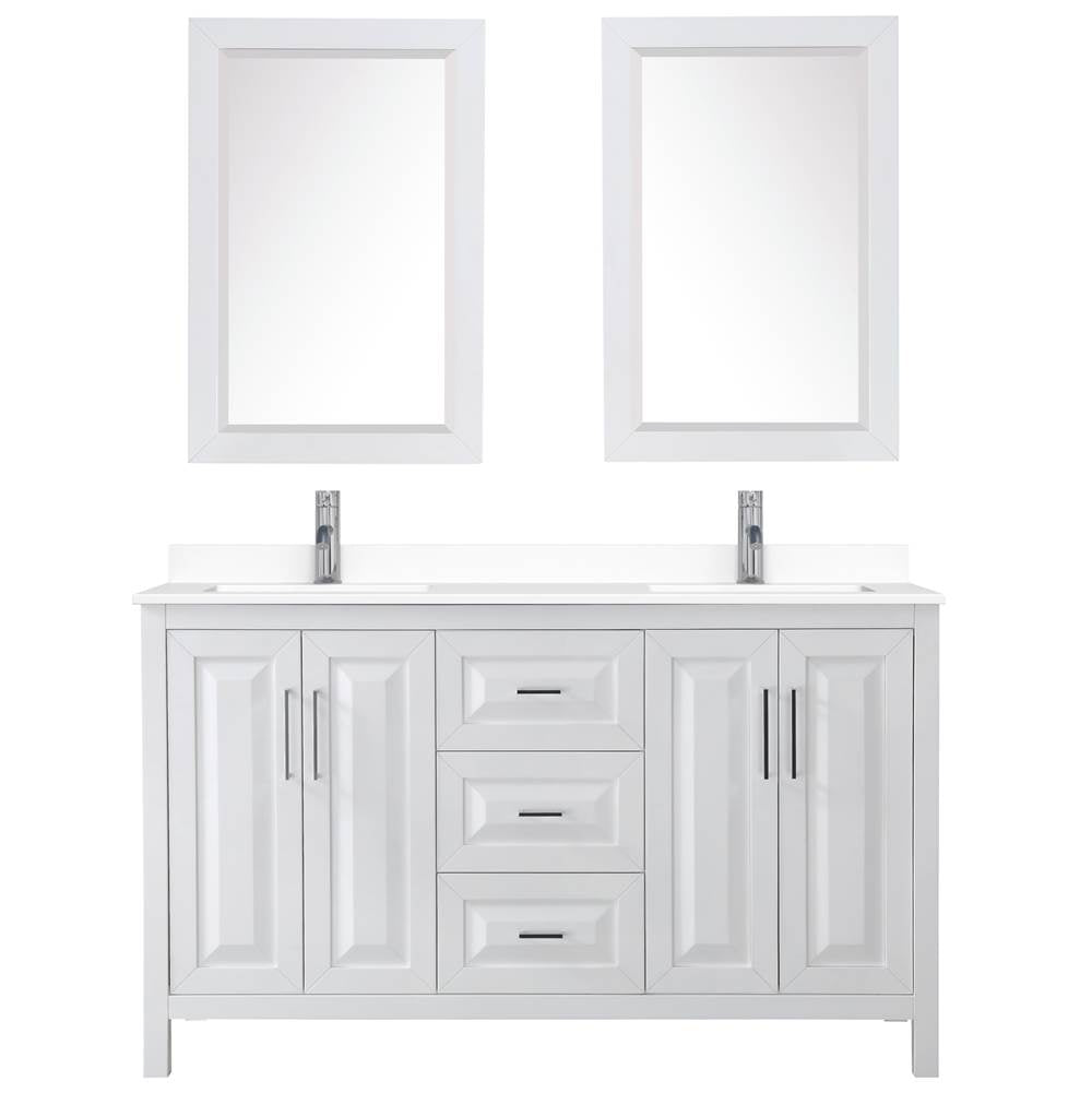 Daria 60 Inch Double Bathroom Vanity in White, White Cultured Marble Countertop, Undermount Square Sinks, 24 Inch Mirrors