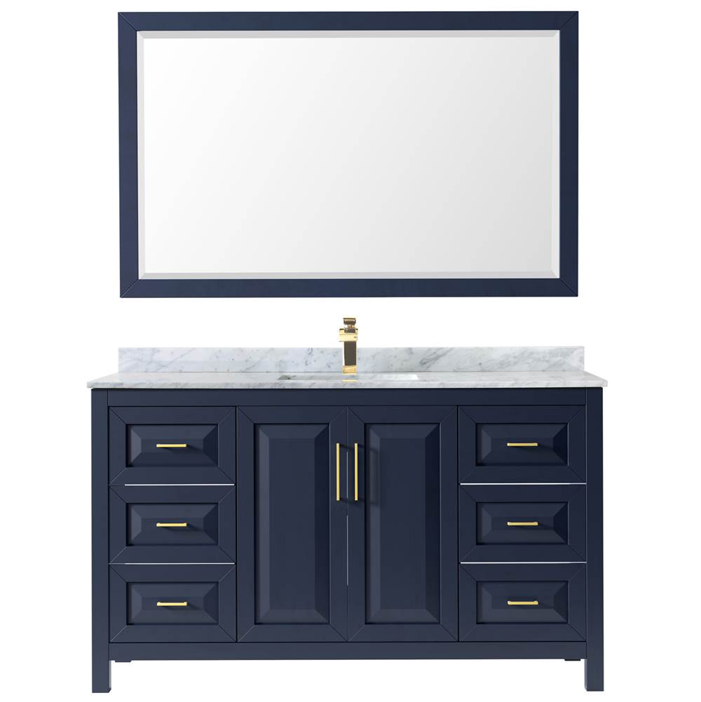 Daria 60 Inch Single Bathroom Vanity in Dark Blue, White Carrara Marble Countertop, Undermount Square Sink, 58 Inch Mirror