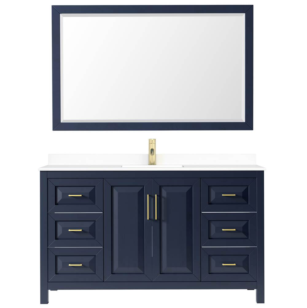 Daria 60 Inch Single Bathroom Vanity in Dark Blue, White Cultured Marble Countertop, Undermount Square Sink, 58 Inch Mirror