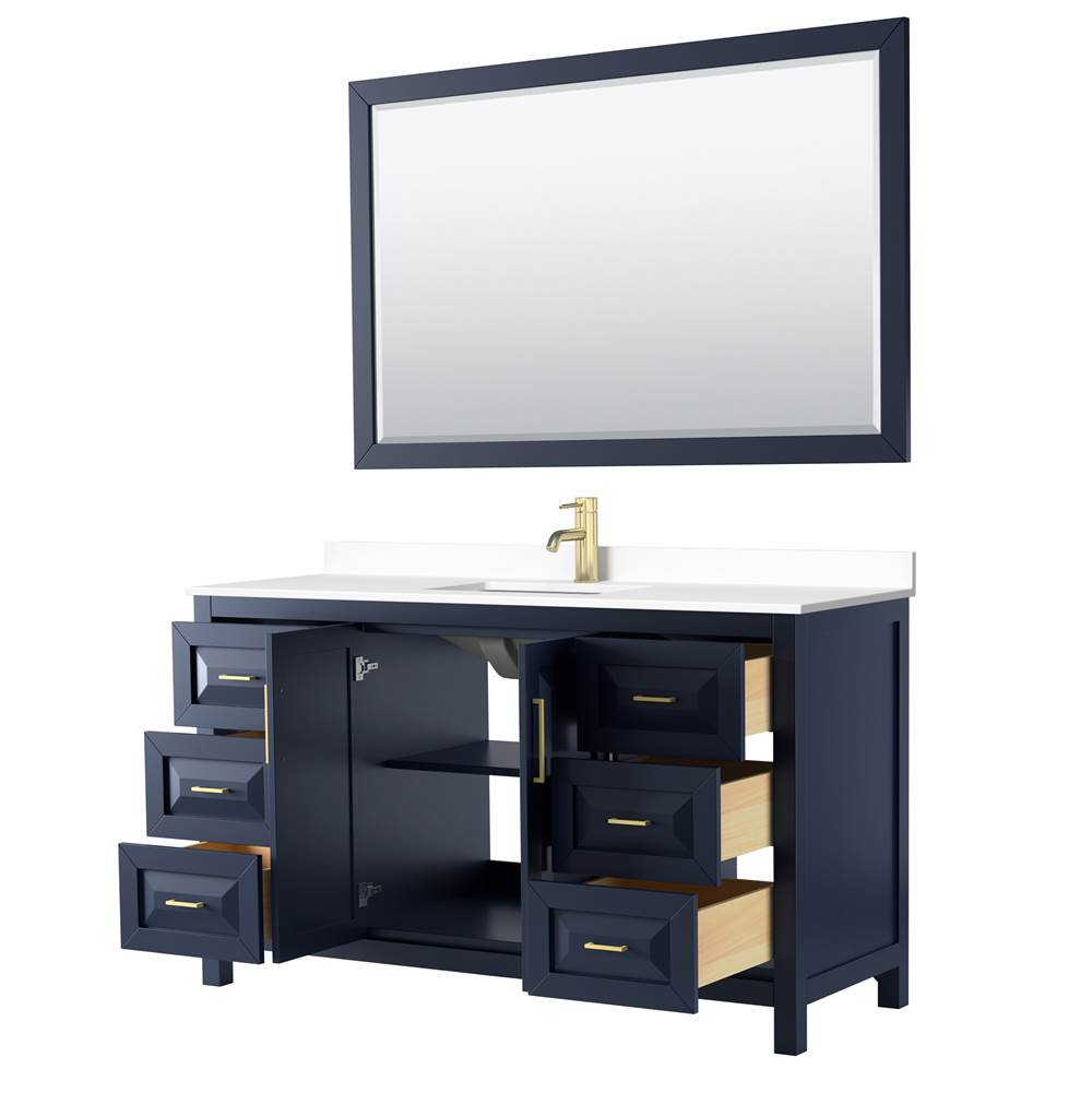 Daria 60 Inch Single Bathroom Vanity in Dark Blue, White Cultured Marble Countertop, Undermount Square Sink, 58 Inch Mirror