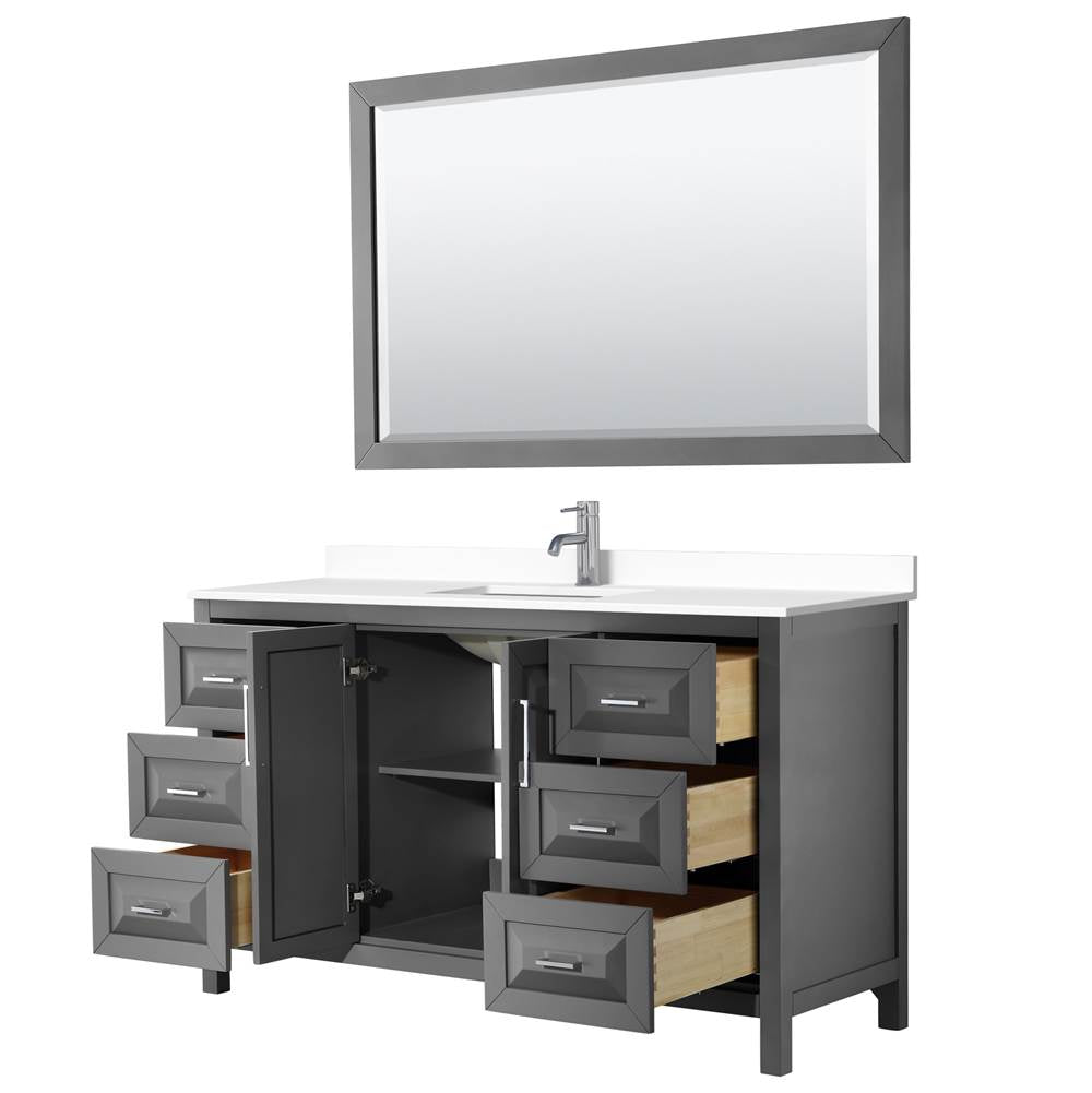Daria 60 Inch Single Bathroom Vanity in Dark Gray, White Cultured Marble Countertop, Undermount Square Sink, 58 Inch Mirror