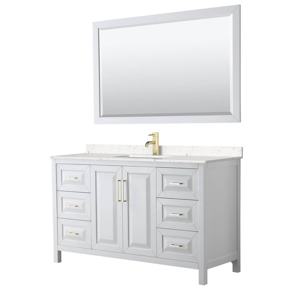 Wyndham Collection - Daria 60 Inch Single Bathroom Vanity in White, Carrara Cultured Marble Countertop, Undermount Square Sink, 58 Inch Mirror, Brushed Gold Trim