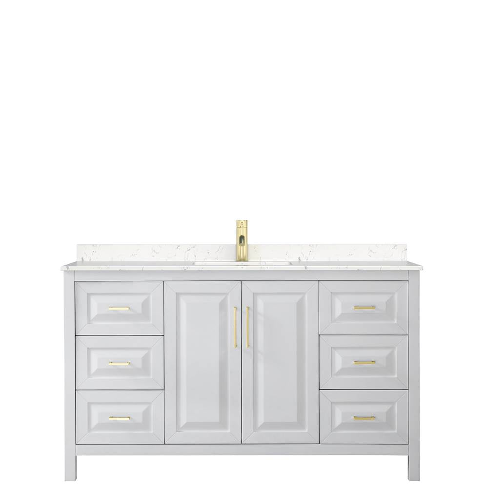 Daria 60 Inch Single Bathroom Vanity in White, Carrara Cultured Marble Countertop, Undermount Square Sink, Brushed Gold Trim