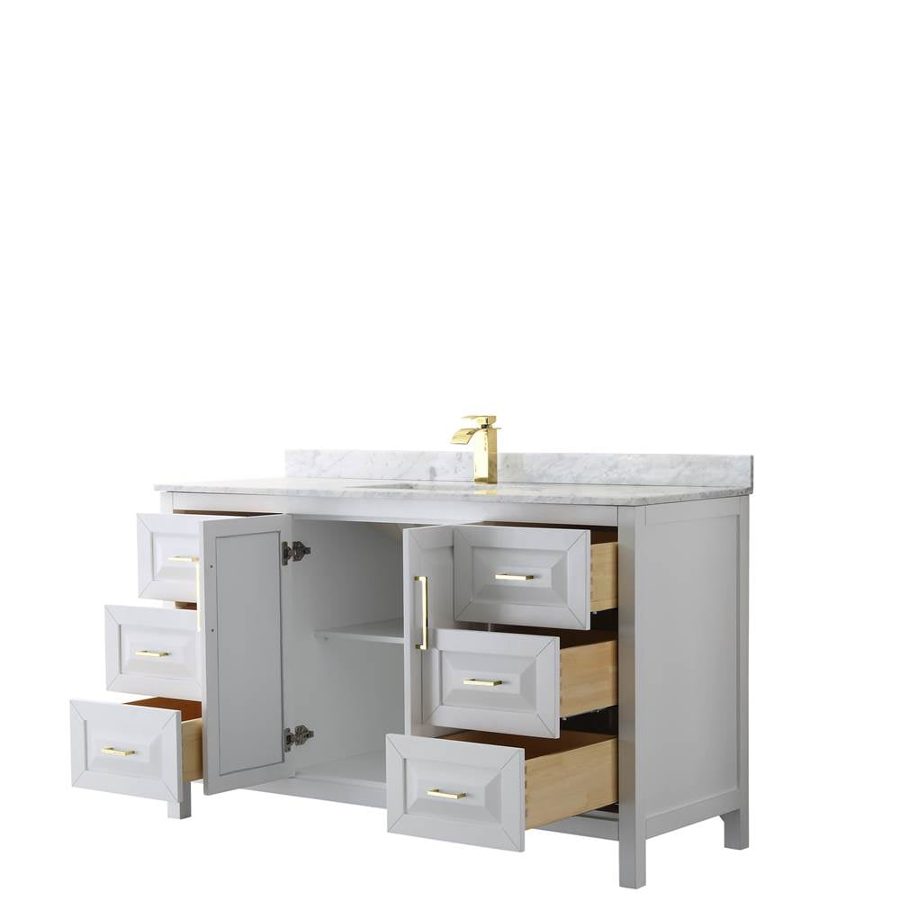 Daria 60 Inch Single Bathroom Vanity in White, White Carrara Marble Countertop, Undermount Square Sink, Brushed Gold Trim