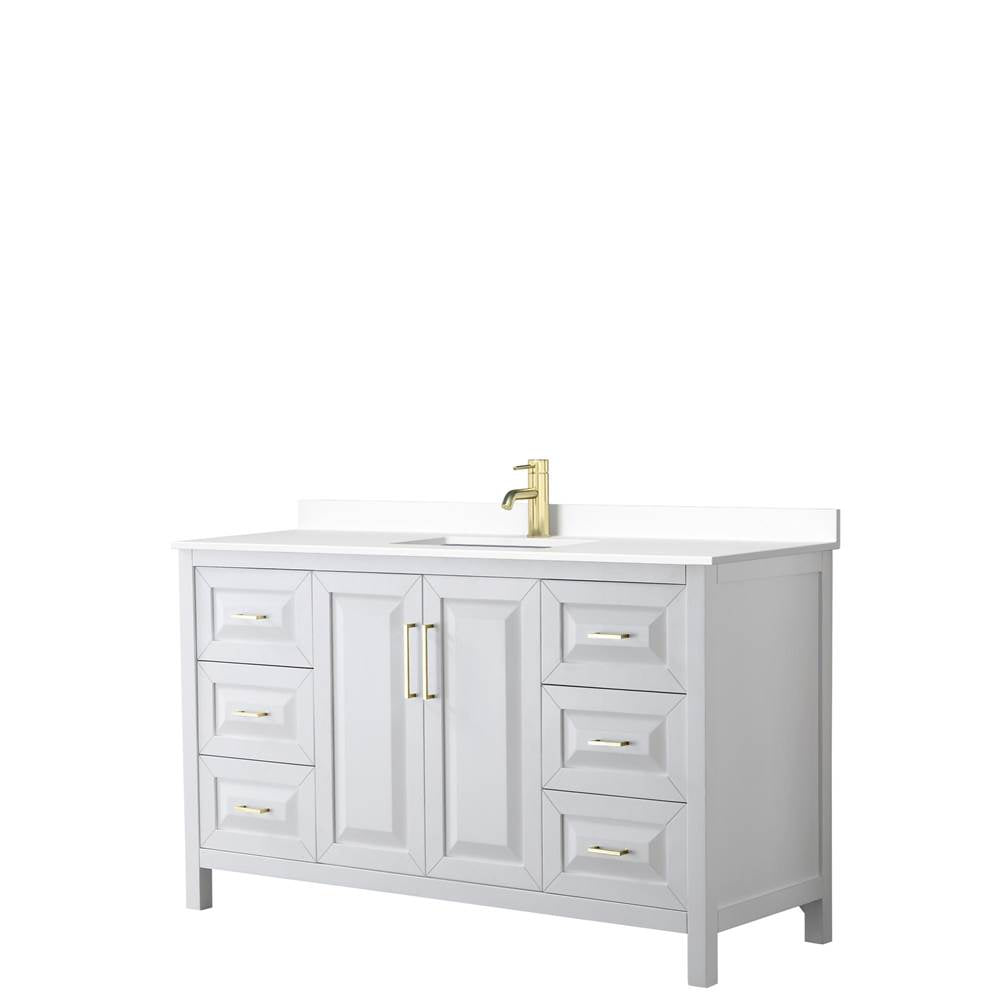 Wyndham Collection - Daria 60 Inch Single Bathroom Vanity in White, White Cultured Marble Countertop, Undermount Square Sink, Brushed Gold Trim