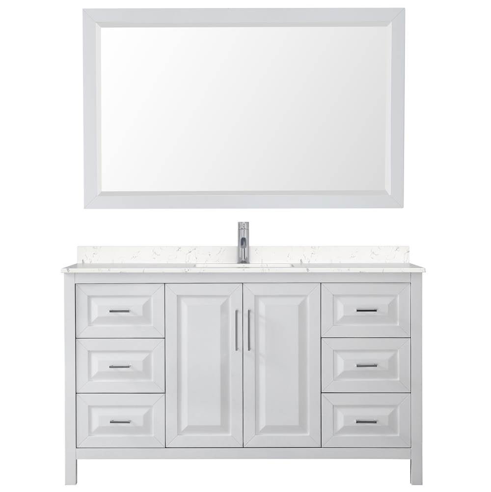 Daria 60 Inch Single Bathroom Vanity in White, Carrara Cultured Marble Countertop, Undermount Square Sink, 58 Inch Mirror