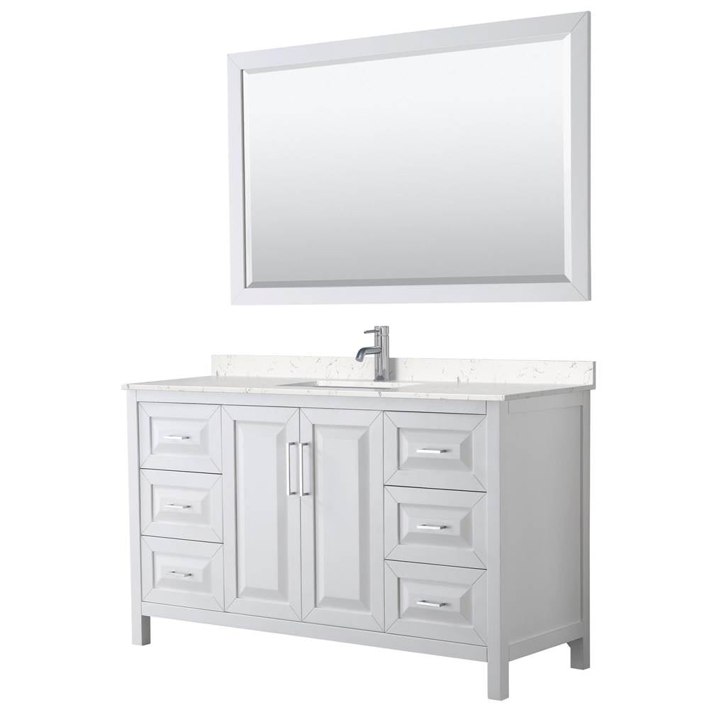 Wyndham Collection - Daria 60 Inch Single Bathroom Vanity in White, Carrara Cultured Marble Countertop, Undermount Square Sink, 58 Inch Mirror