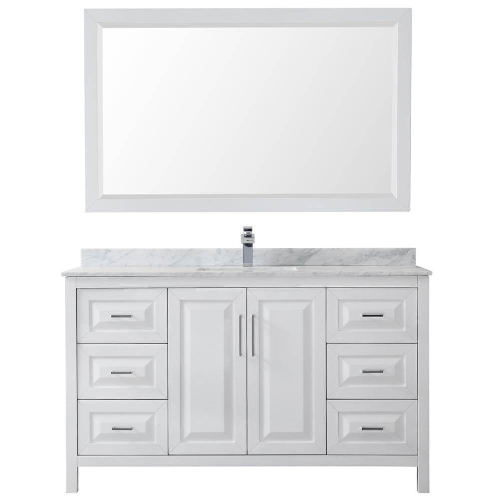 Daria 60 Inch Single Bathroom Vanity in Dark Blue, White Carrara Marble Countertop, Undermount Square Sink, 58 Inch Mirror
