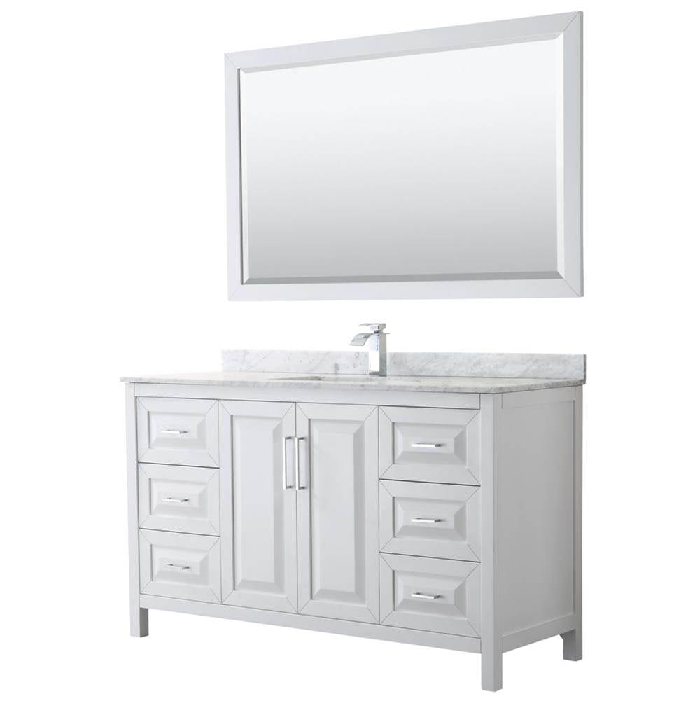 Wyndham Collection - Daria 60 Inch Single Bathroom Vanity in White, White Carrara Marble Countertop, Undermount Square Sink, and 58 Inch Mirror - White