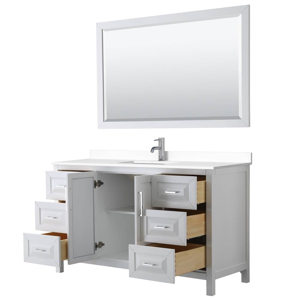 Daria 60 Inch Single Bathroom Vanity in White, White Cultured Marble Countertop, Undermount Square Sink, 58 Inch Mirror