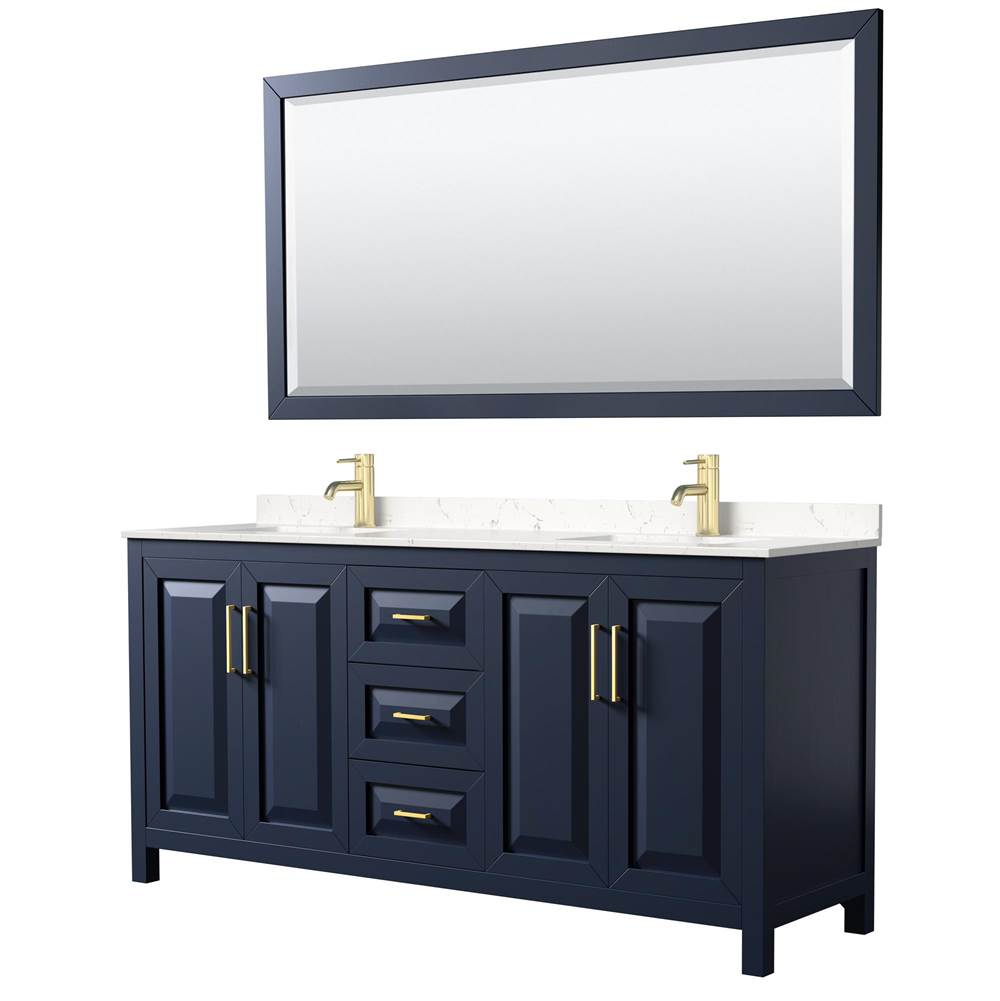 Wyndham Collection - Daria 72 Inch Double Bathroom Vanity in Dark Blue, Carrara Cultured Marble Countertop, Undermount Square Sinks, 70 Inch Mirror