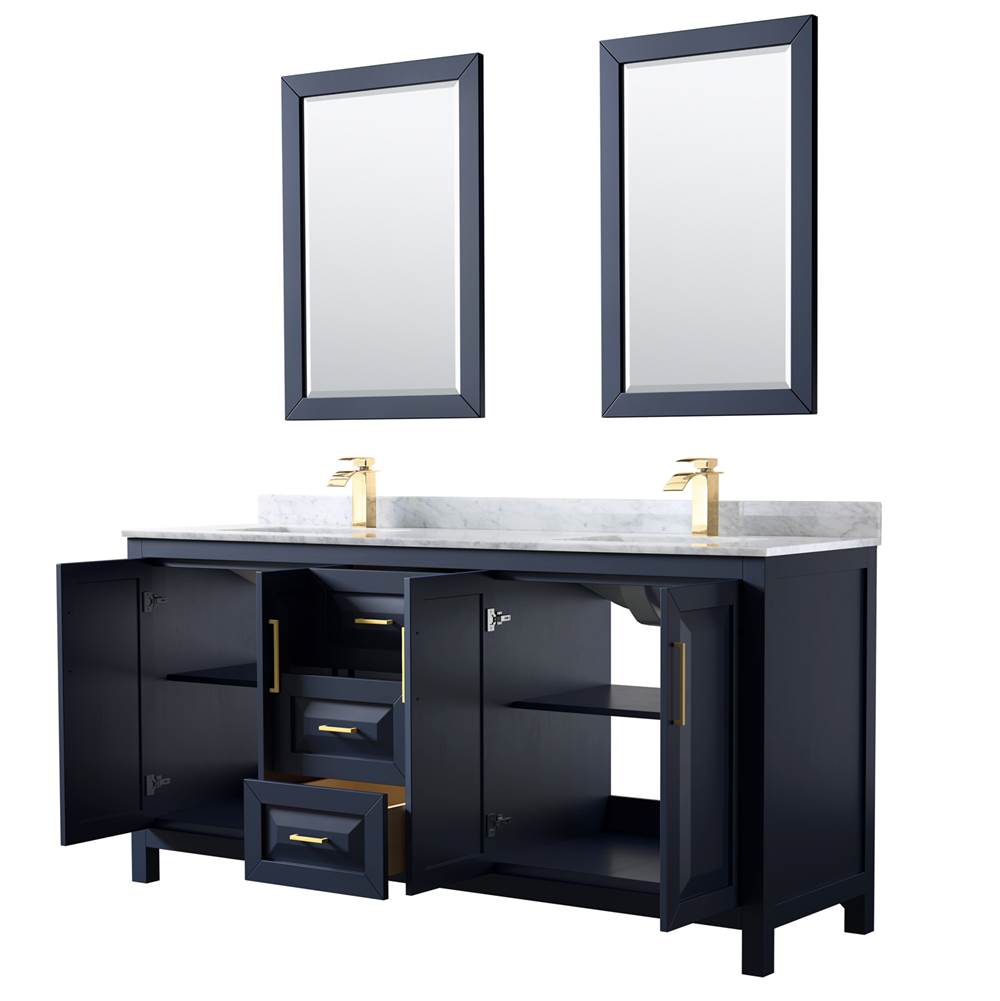 Daria 72 Inch Double Bathroom Vanity in Dark Blue, White Carrara Marble Countertop, Undermount Square Sinks, 24 Inch Mirrors