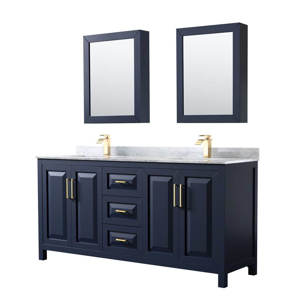 Wyndham Collection - Daria 72 Inch Double Bathroom Vanity in Dark Blue, White Carrara Marble Countertop, Undermount Square Sinks, Medicine Cabinets - Dark Blue