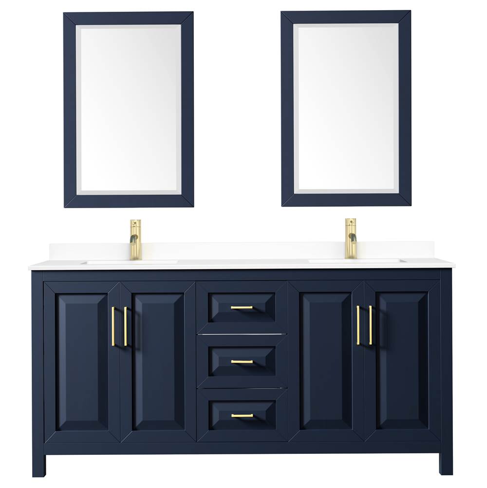 Daria 72 Inch Double Bathroom Vanity in Dark Blue, White Cultured Marble Countertop, Undermount Square Sinks, 24 Inch Mirrors