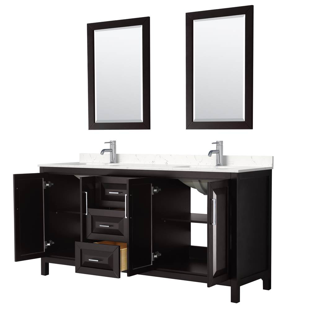 Daria 72 Inch Double Bathroom Vanity in Dark Espresso, Carrara Cultured Marble Countertop, Undermount Square Sinks, 24 Inch Mirrors