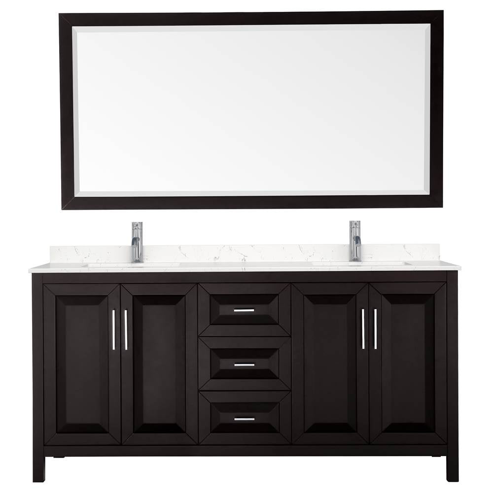 Daria 72 Inch Double Bathroom Vanity in Dark Espresso, Carrara Cultured Marble Countertop, Undermount Square Sinks, 70 Inch Mirror